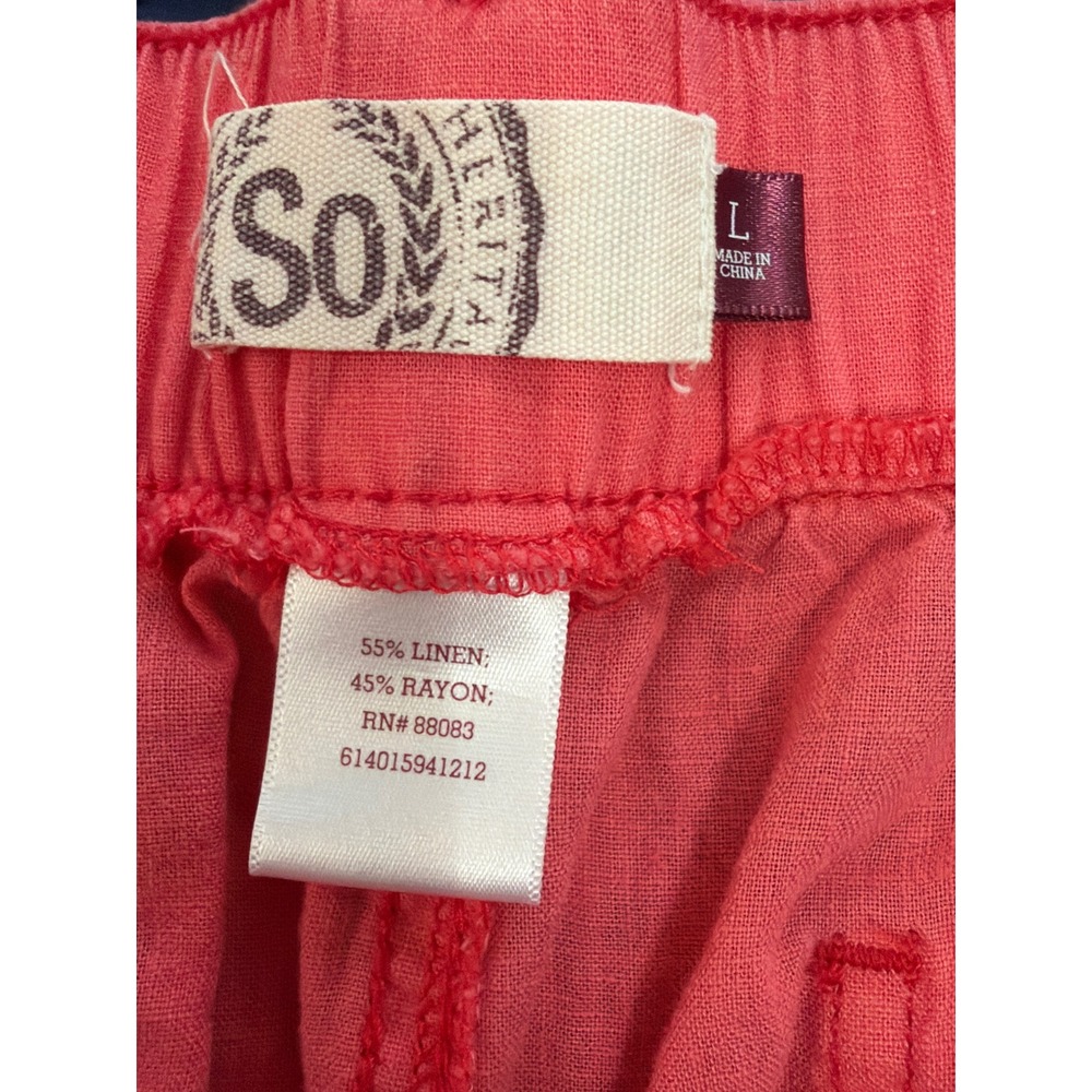 SO Linen Blend Pants Womens‎ Large Coral Relaxed Straight Leg Elastic Back Beach - Picture 4 of 4